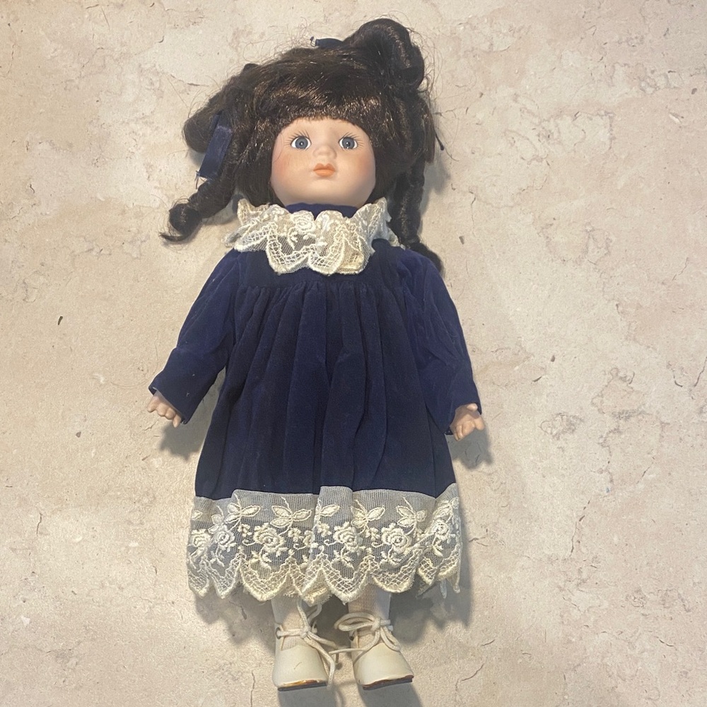 Elegant Navy and White Doll with Lace Velvet Dress